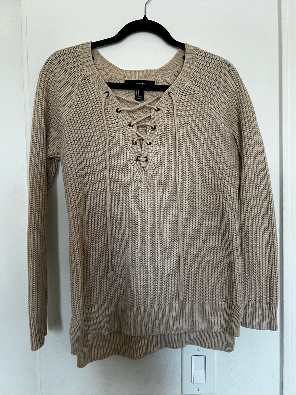 Forever 21 Beige Lace-Up Scoop Neck Knit Pullover